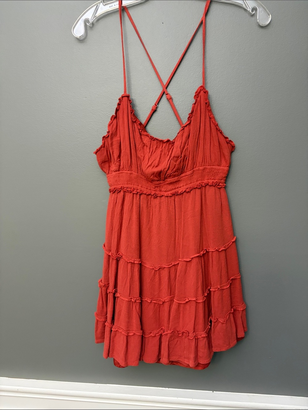 MARBLE Rust Tiered Crinkle Spaghetti-Strap Camisole Dress - Size L